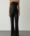 Payetli Straplez Bluz Pantolon Takım-Siyah