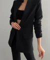 Atlas Kumaş Büzgü Kol Tam Kalıp Siyah Blazer Ceket