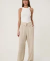 QUZU Bel Detaylı Bol Paça Keten Pantolon Naturel