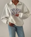 NYC Baskılı Fermuarlı Beyaz Sweatshirt