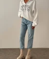 NYC Baskılı Fermuarlı Beyaz Sweatshirt