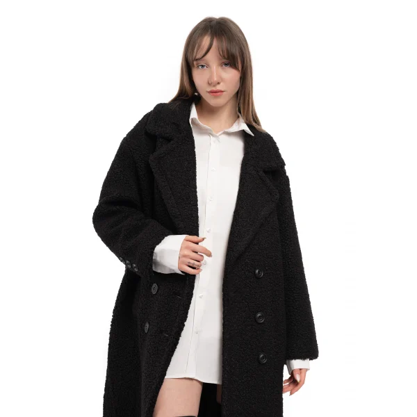 Yün Karışımlı Düğmeli Peluş Kaban Siyah