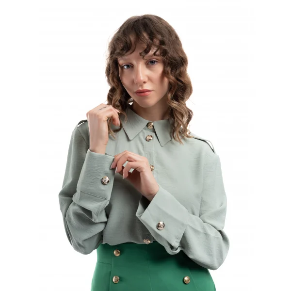 Mint Yeşil Apoletli Gold Düğmeli Gömlek