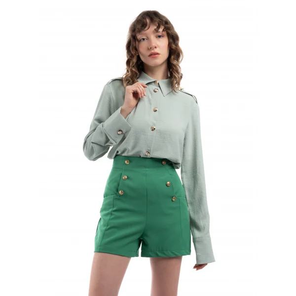 Mint Yeşil Apoletli Gold Düğmeli Gömlek