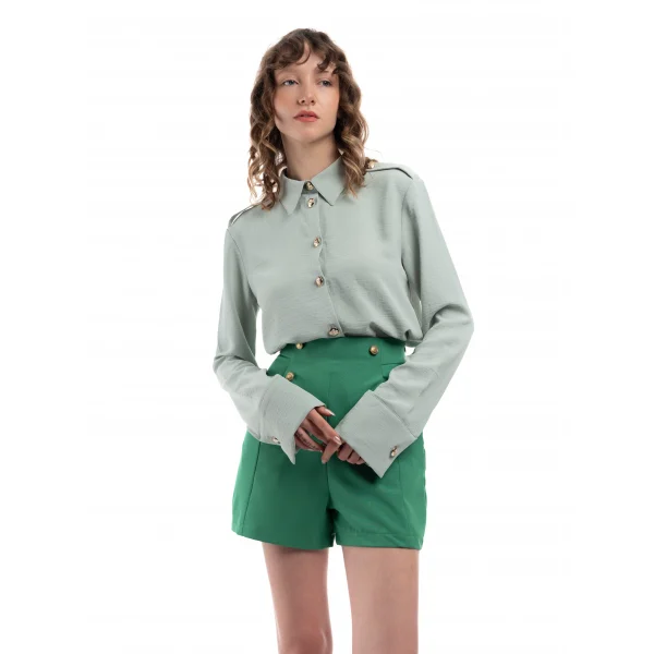 Mint Yeşil Apoletli Gold Düğmeli Gömlek