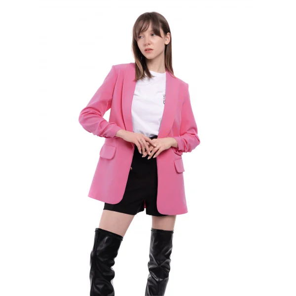 Atlas Kumaş Büzgü Kol Pembe Blazer Ceket