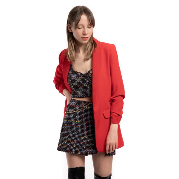 Atlas Kumaş Büzgü Kol Tam Kalıp Astarlı Kırmızı Blazer Ceket