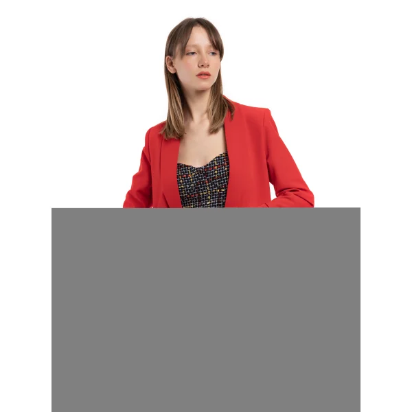 Atlas Kumaş Büzgü Kol Tam Kalıp Astarlı Kırmızı Blazer Ceket