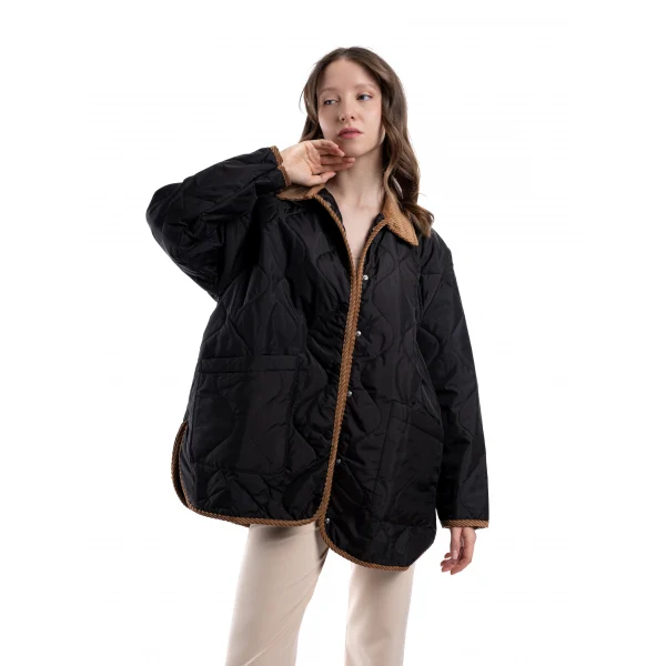 Oversize Kapitone Kadife Yaka Siyah Mevsimlik Ceket