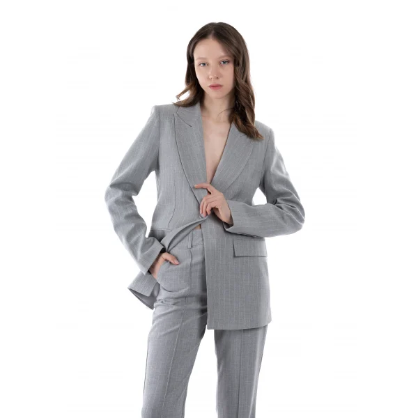 Premium Kalite Çizgili Gri Ceket Pantolon Takım