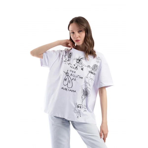 Orj Marka Kontrast Desenli Beyaz Tişört