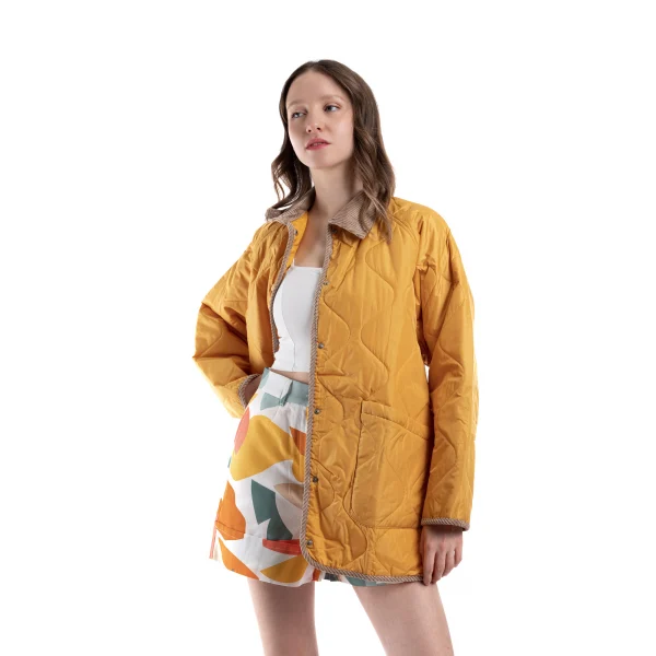 Oversize Kapitone Kadife Yaka Sarı Hardal Ceket Mont