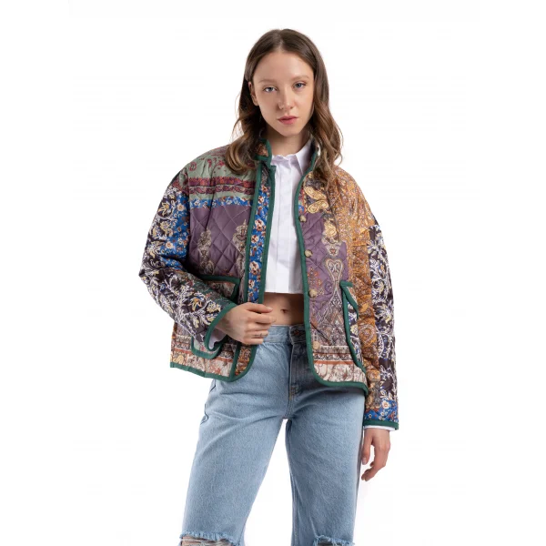Etnik Desen Yeşil Kapitone Ceket