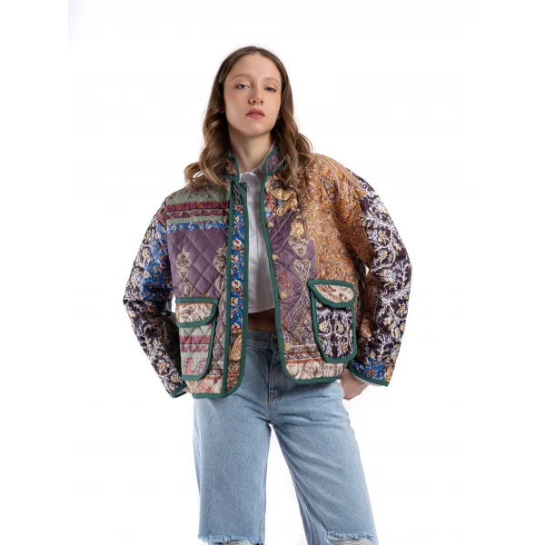 Etnik Desen Yeşil Kapitone Ceket