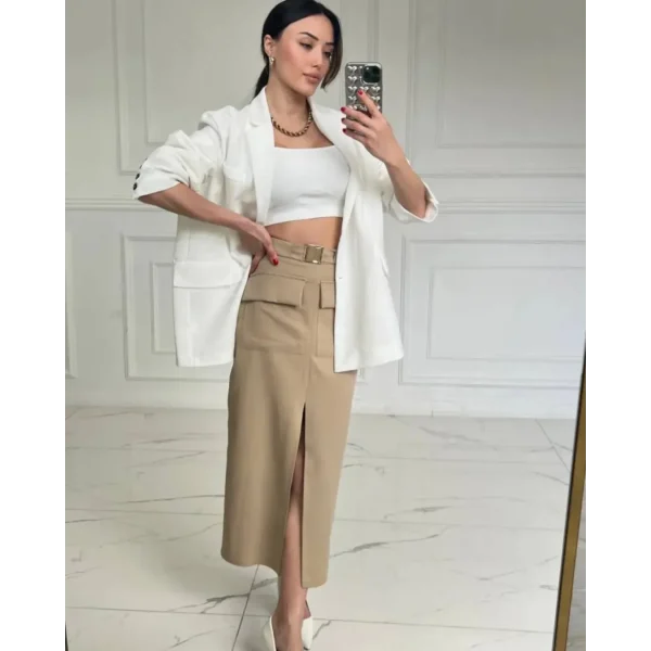 Oversize Düğmeli Beyaz Keten Ceket