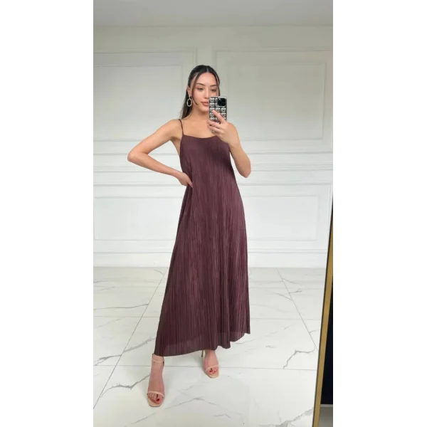 KAHVERENGİ FİTİLLİ ASKILI ELBİSE