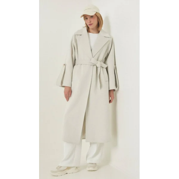 Premium Model Kol Detay Yün Kaban Krem