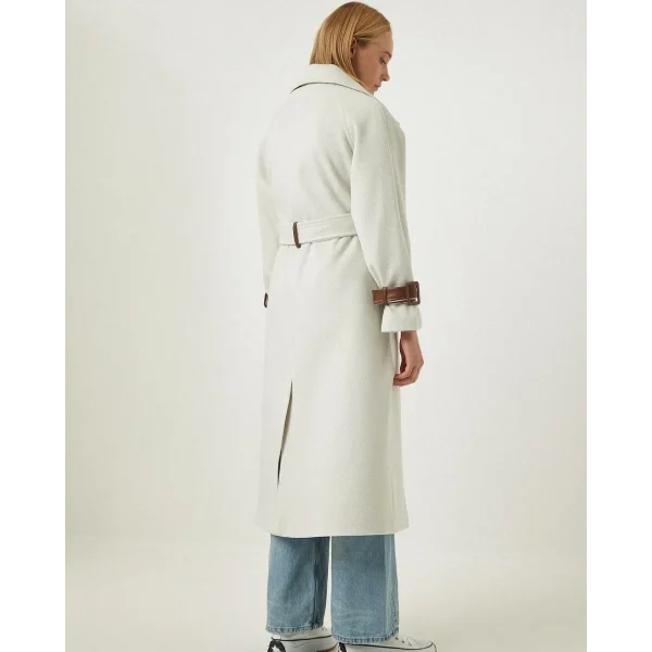 Premium Model Deri Kol Ekru Yün Kaban