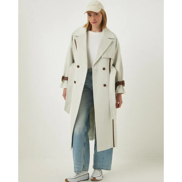 Premium Model Deri Kol Ekru Yün Kaban