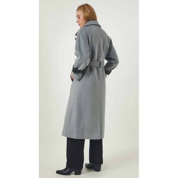 Premium Seri Deri Kol Kemerli Yün Kaban-Gri