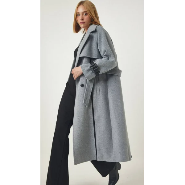 Premium Seri Deri Kol Kemerli Yün Kaban-Gri