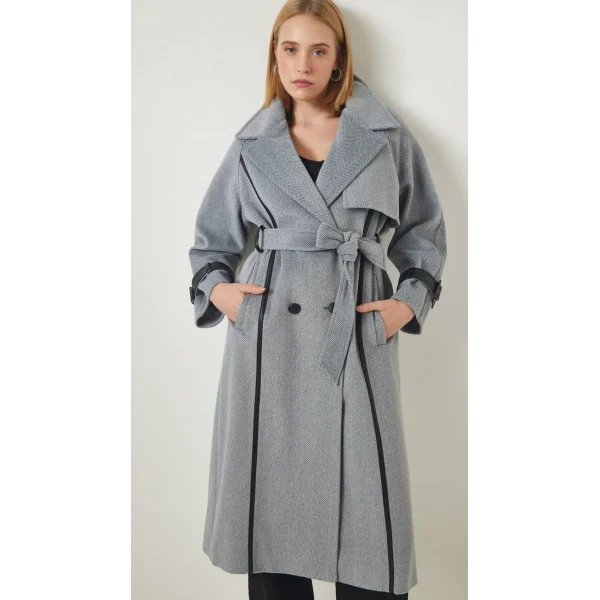 Premium Seri Deri Kol Kemerli Yün Kaban-Gri