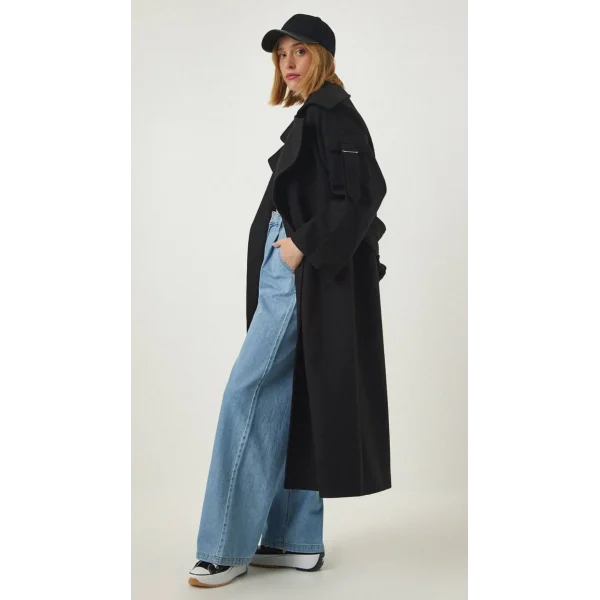 PREMİUM MODEL KOLDA CEP DETAYLI YÜN KABAN SİYAH