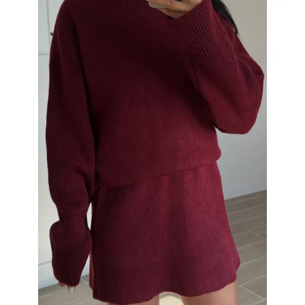 Bordo İkili Etek Kazak Triko Takım