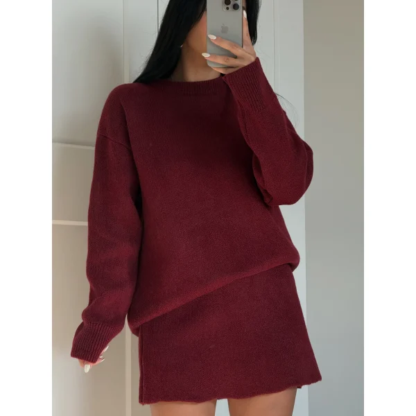 Bordo İkili Etek Kazak Triko Takım