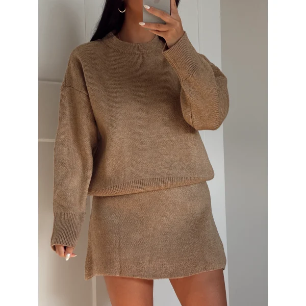 Bej İkili Etek Kazak Triko Takım