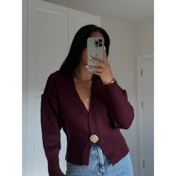 Ters Dikişli Tek Düğmeli Bordo Hırka