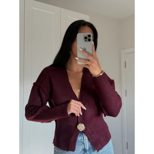 Ters Dikişli Tek Düğmeli Bordo Hırka