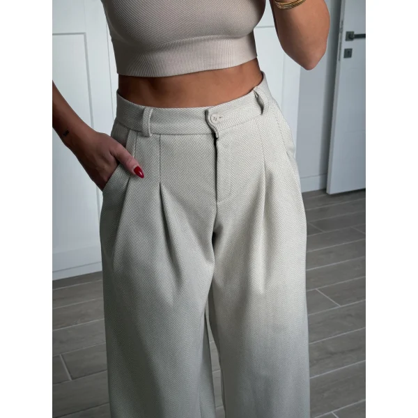 Balıksırtı Pamuklu Palazzo Pantolon Krem