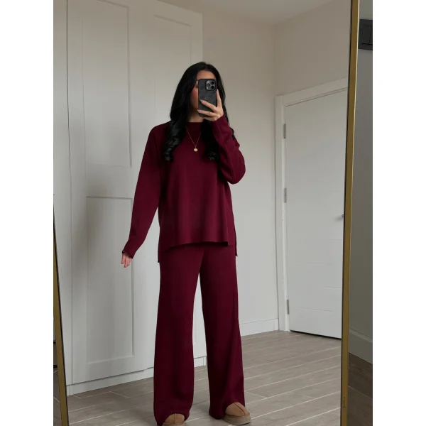 Bisiklet Yaka Yırtmaçlı Kazak Pantolon Triko Takım Bordo