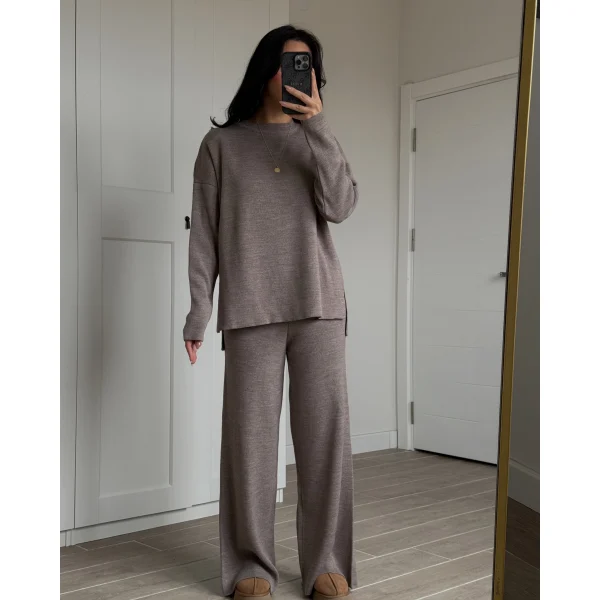 Bisiklet Yaka Yırtmaçlı Kazak Pantolon Triko Takım Vizon