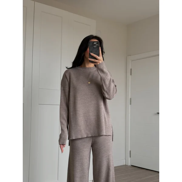 Bisiklet Yaka Yırtmaçlı Kazak Pantolon Triko Takım Vizon