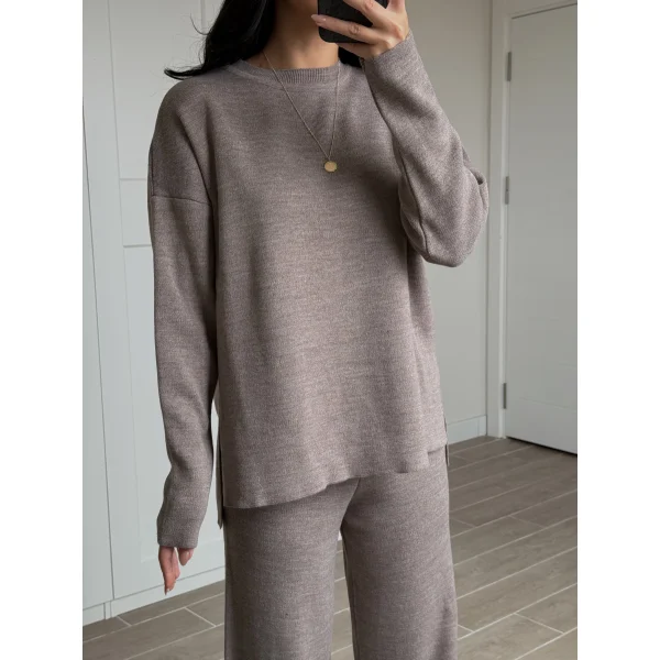 Bisiklet Yaka Yırtmaçlı Kazak Pantolon Triko Takım Vizon