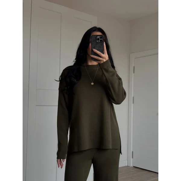 Bisiklet Yaka Yırtmaçlı Kazak Pantolon Triko Takım Haki