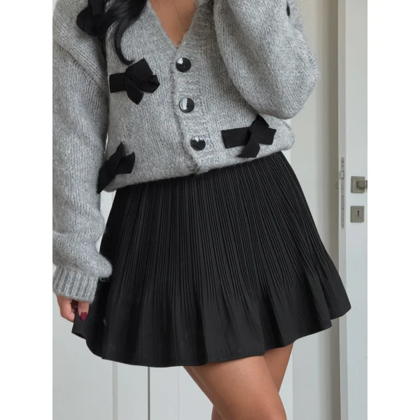 Pile Detaylı Beli Lastikli Mini Şort Etek Siyah