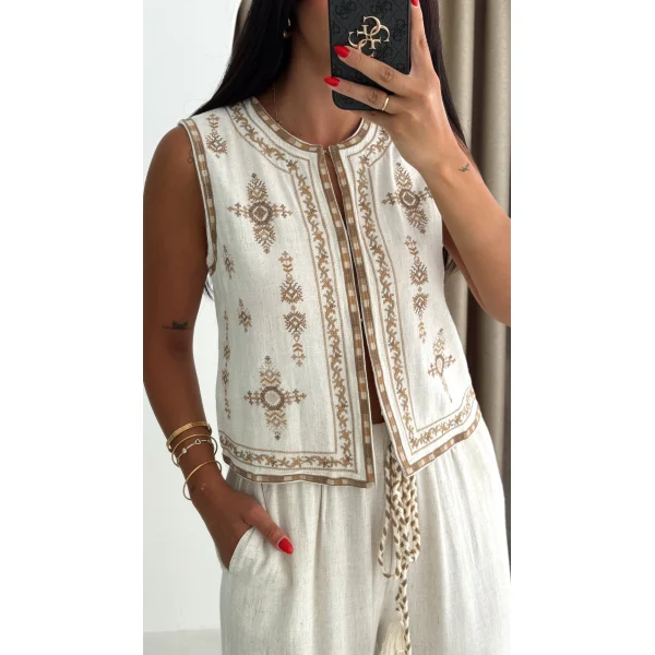 Ethno Şıklık Yelek Pantolon İkili Takım - Ekru
