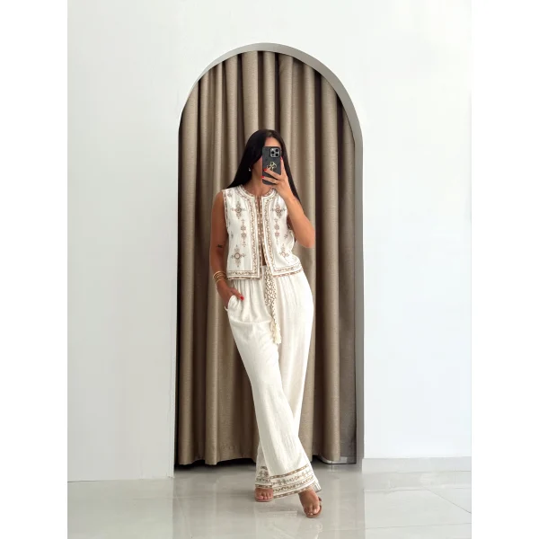 Ethno Şıklık Yelek Pantolon İkili Takım - Ekru