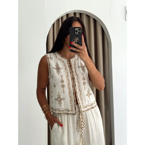 Ethno Şıklık Yelek Pantolon İkili Takım - Ekru