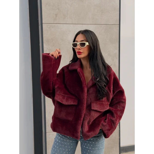 Cepli Alpaka Kürk Kısa Kaban-Bordo