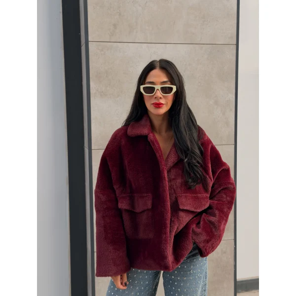 Cepli Alpaka Kürk Kısa Kaban-Bordo