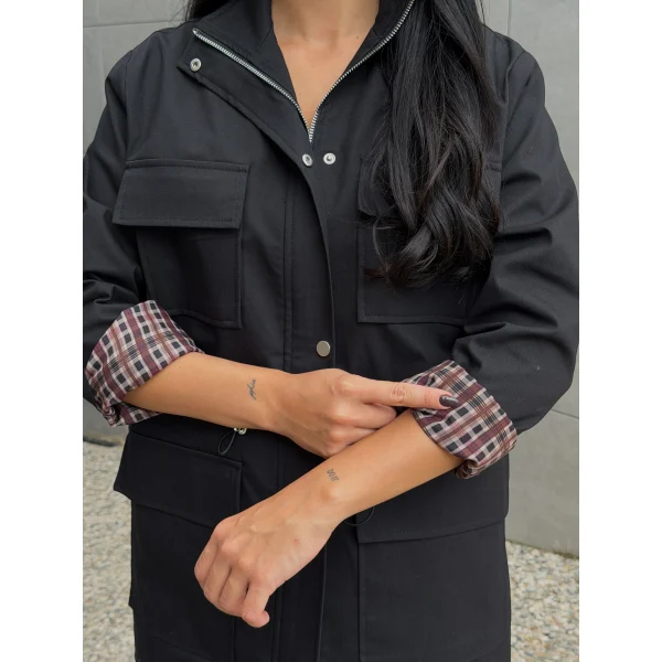 Tiffany Ekose Astarlı Trençkot-Siyah