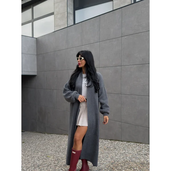 Yumoş Doku Uzun Hırka-Antrasit