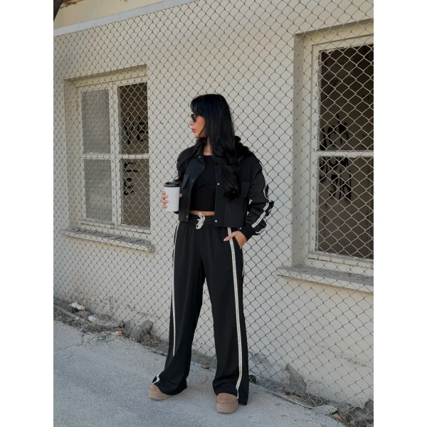 Teknik Kumaş Şerit Detaylı Ceket Pantolon Takım-Siyah