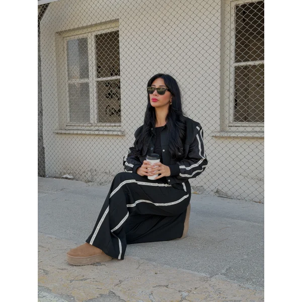 Teknik Kumaş Şerit Detaylı Ceket Pantolon Takım-Siyah