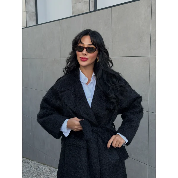 Bağlamalı Tüy Dokulu Yün Kaban-Siyah