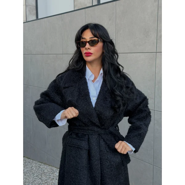 Bağlamalı Tüy Dokulu Yün Kaban-Siyah